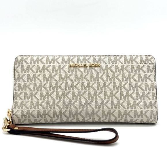 Michael Kors Large Continental Wallet Wristlet Vanilla/Brown - Picture 1 of 9